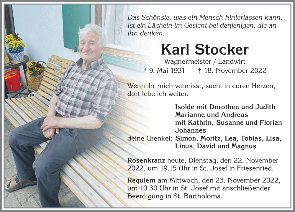  Traueranzeige für Karl Stocker vom 22.11.2022 aus Allgäuer Zeitung, Kaufbeuren/Buchloe