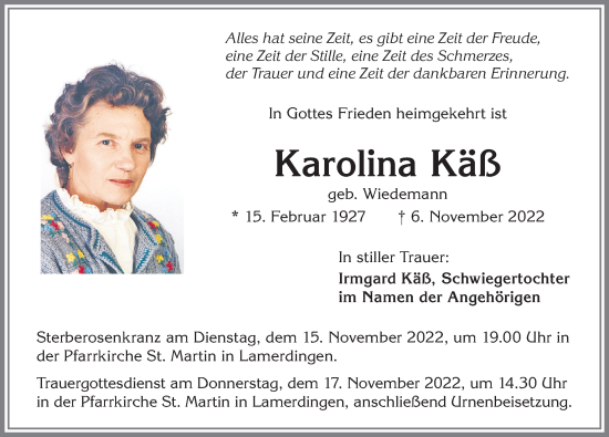 Traueranzeige von Karolina Käß von Allgäuer Zeitung, Kaufbeuren/Buchloe