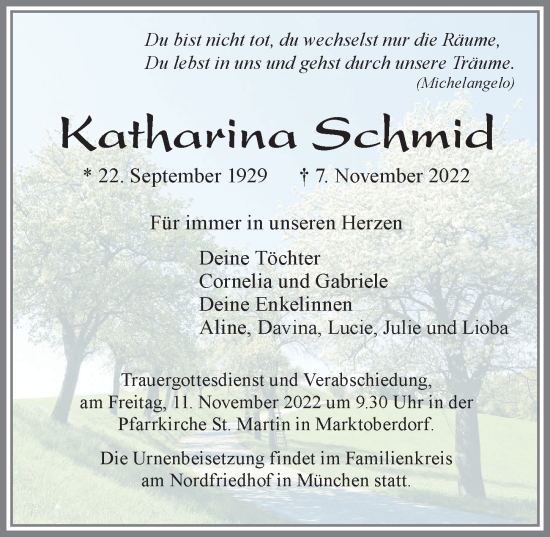 Traueranzeige von Katharina Schmid von Allgäuer Zeitung, Marktoberdorf