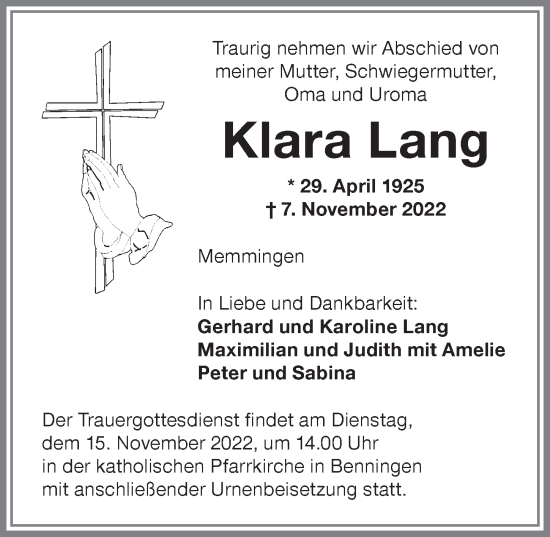 Traueranzeige von Klara Lang von Memminger Zeitung