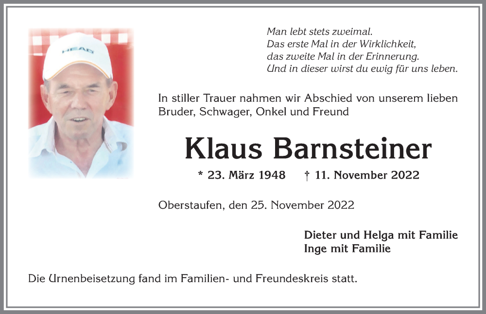  Traueranzeige für Klaus Barnsteiner vom 25.11.2022 aus Allgäuer Anzeigeblatt