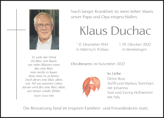 Traueranzeige von Klaus Duchac von Augsburger Allgemeine, Mittelschwäbische Nachrichten
