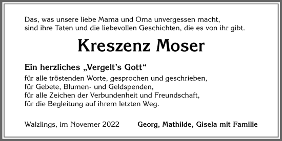 Traueranzeige von Kreszenz Moser von Allgäuer Zeitung,Kempten