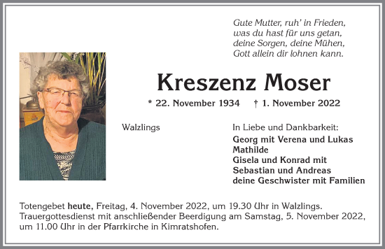 Traueranzeige von Kreszenz Moser von Allgäuer Zeitung,Kempten