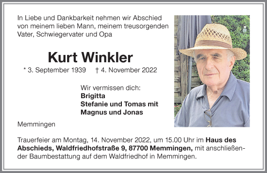 Traueranzeige von Kurt Winkler von Memminger Zeitung