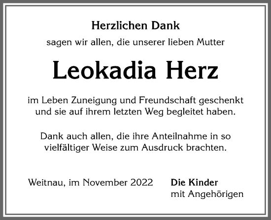 Traueranzeige von Leokadia Herz von Der Westallgäuer