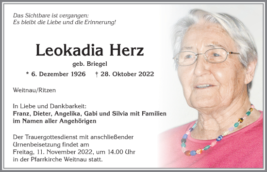 Traueranzeige von Leokadia Herz von Der Westallgäuer