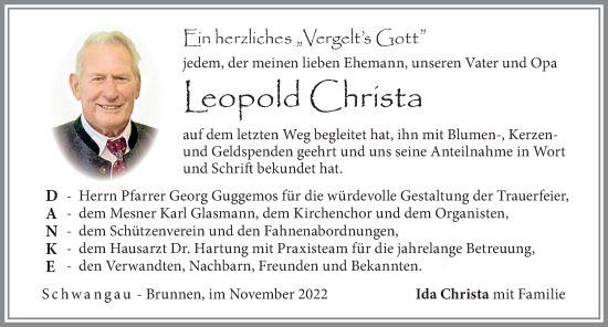 Traueranzeige von Leopold Christa von Allgäuer Zeitung, Füssen
