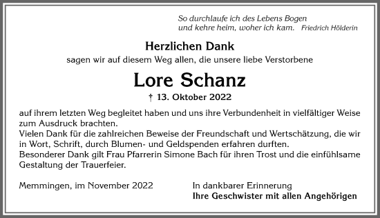 Traueranzeige von Lore Schanz von Memminger Zeitung