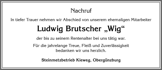 Traueranzeige von Ludwig Brutscher von Allgäuer Zeitung, Marktoberdorf