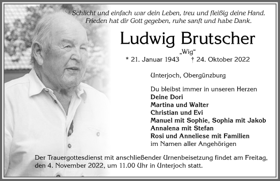 Traueranzeige von Ludwig Brutscher von Allgäuer Zeitung, Marktoberdorf