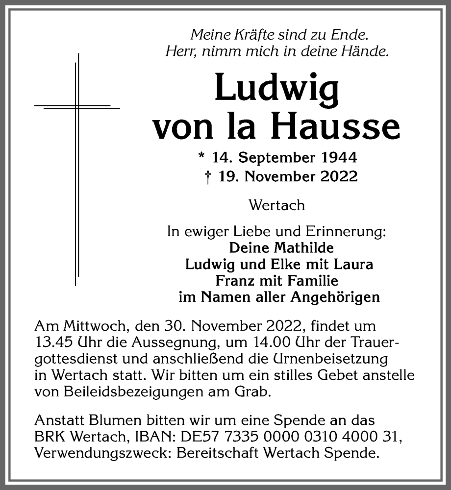  Traueranzeige für Ludwig von la Hausse vom 26.11.2022 aus Allgäuer Anzeigeblatt