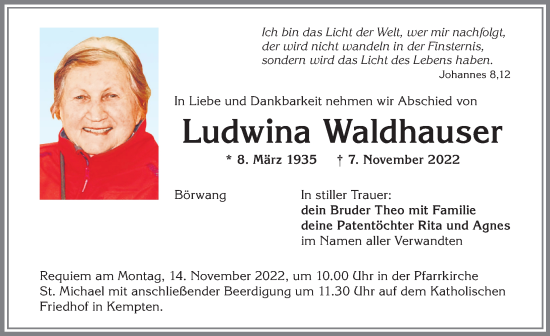 Traueranzeige von Ludwina Waldhauser von Allgäuer Zeitung,Kempten