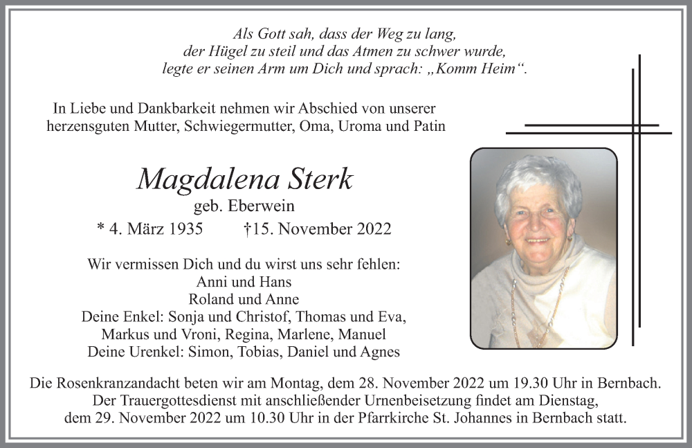  Traueranzeige für Magdalena Sterk vom 26.11.2022 aus Allgäuer Zeitung, Marktoberdorf