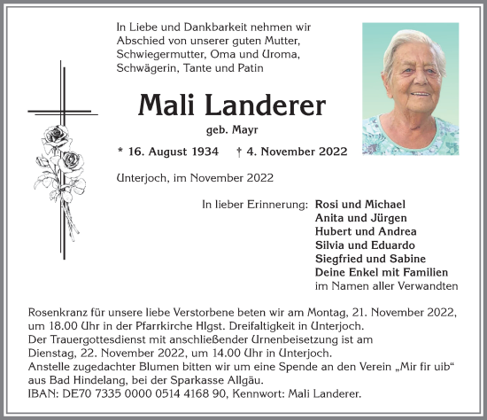 Traueranzeige von Mali Landerer von Allgäuer Anzeigeblatt