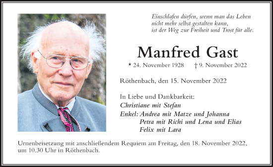 Traueranzeige von Manfred Gast von Der Westallgäuer