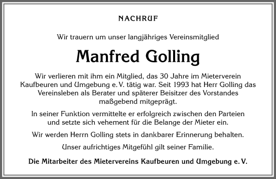 Traueranzeige von Manfred Golling von Allgäuer Zeitung, Kaufbeuren/Buchloe