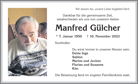 Traueranzeige von Manfred Gülcher von Allgäuer Anzeigeblatt