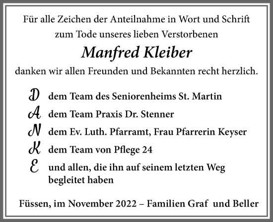 Traueranzeige von Manfred Kleiber von Allgäuer Zeitung, Füssen
