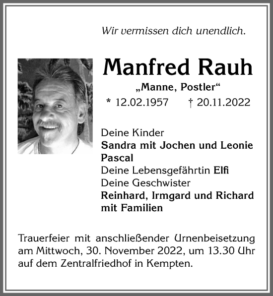 Traueranzeige von Manfred Rauh von Allgäuer Zeitung,Kempten