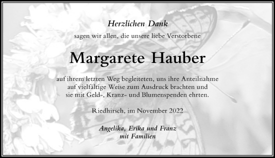 Traueranzeige von Margarete Hauber von Der Westallgäuer