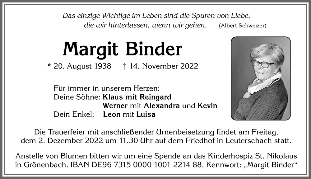  Traueranzeige für Margit Binder vom 26.11.2022 aus Allgäuer Zeitung, Marktoberdorf