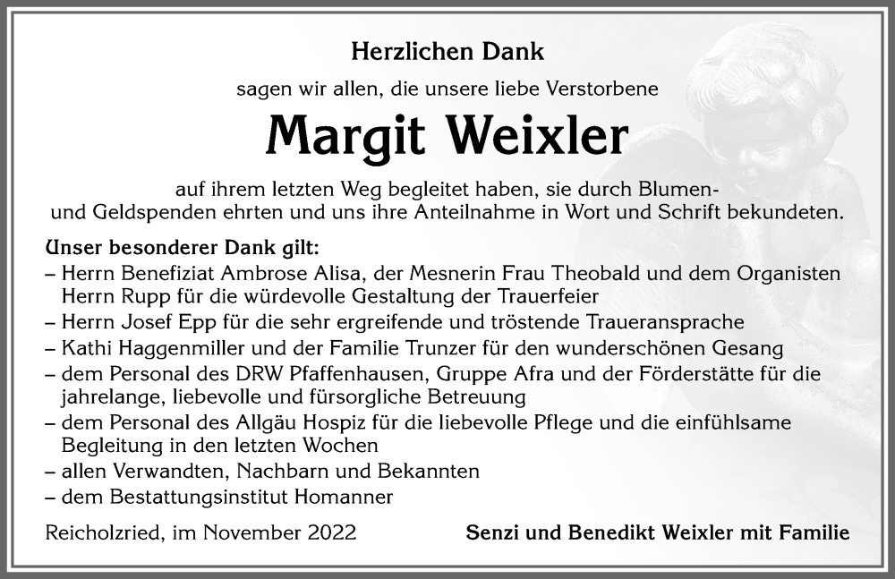  Traueranzeige für Margit Weixler vom 19.11.2022 aus Allgäuer Zeitung,Kempten