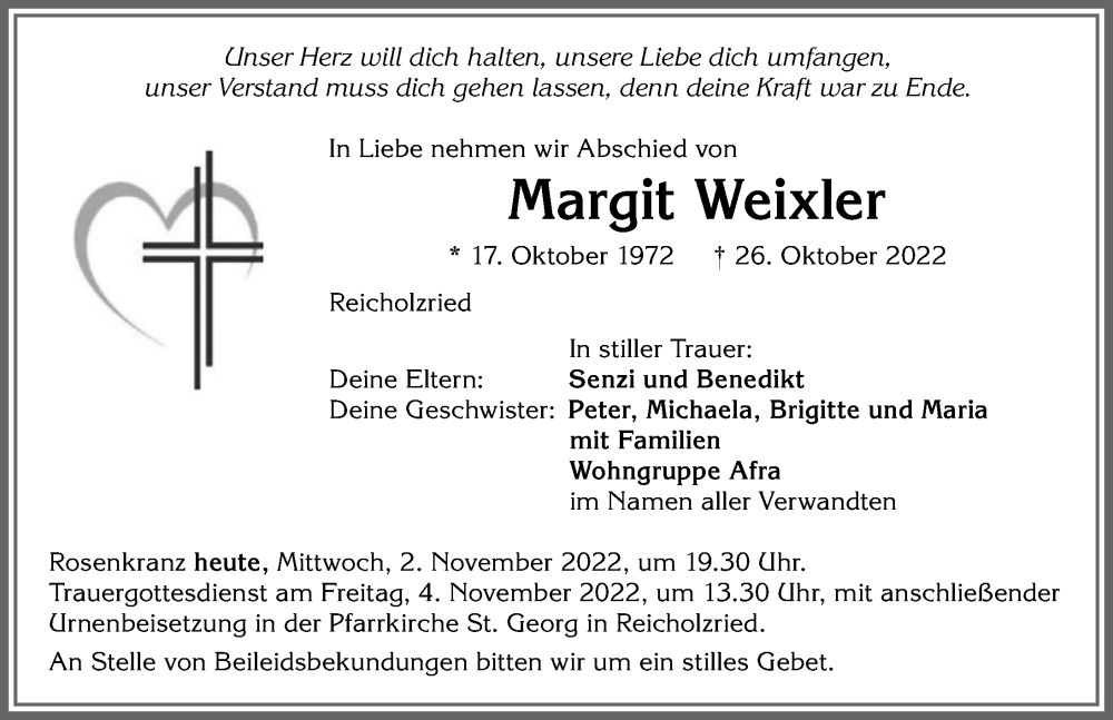  Traueranzeige für Margit Weixler vom 02.11.2022 aus Allgäuer Zeitung,Kempten