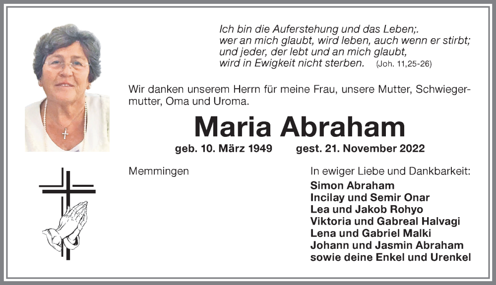  Traueranzeige für Maria Abraham vom 24.11.2022 aus Memminger Zeitung