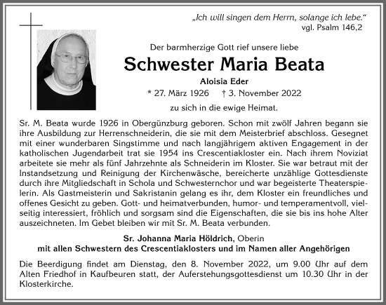 Traueranzeige von Maria Beata von Allgäuer Zeitung, Marktoberdorf