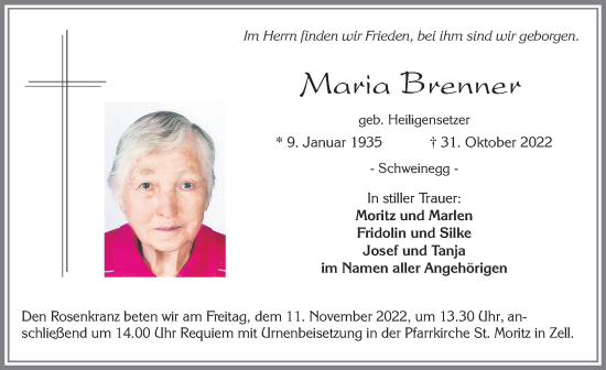 Traueranzeige von Maria Brenner von Allgäuer Zeitung, Füssen