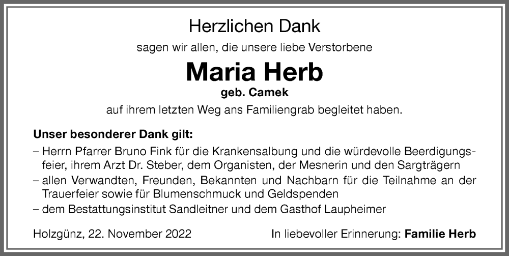  Traueranzeige für Maria Herb vom 22.11.2022 aus Memminger Zeitung
