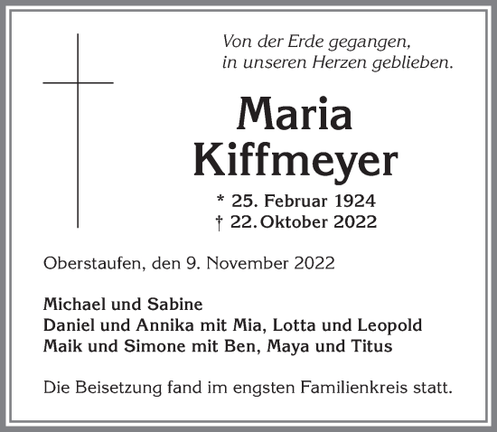 Traueranzeige von Maria Kiffmeyer von Allgäuer Anzeigeblatt