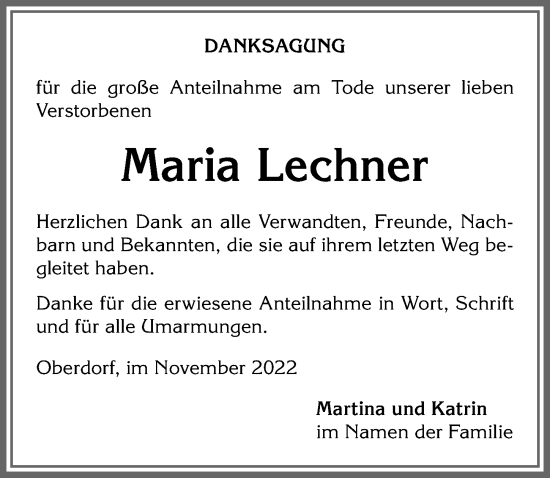 Traueranzeige von Maria Lechner von Allgäuer Anzeigeblatt