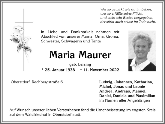 Traueranzeige von Maria Maurer von Allgäuer Anzeigeblatt