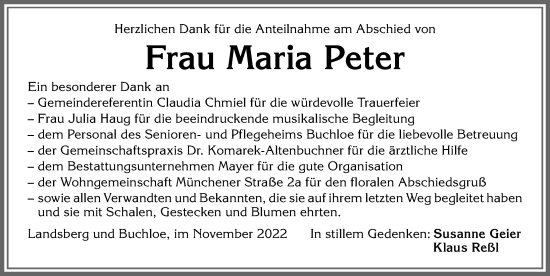 Traueranzeige von Maria Peter von Allgäuer Zeitung, Kaufbeuren/Buchloe