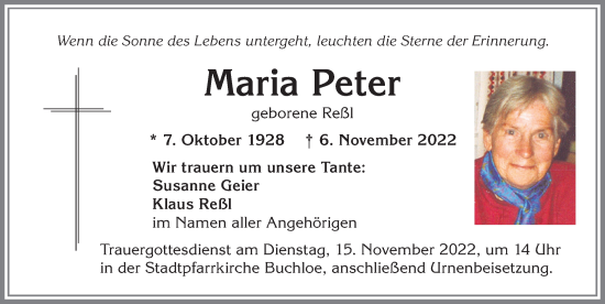 Traueranzeige von Maria Peter von Allgäuer Zeitung, Kaufbeuren/Buchloe