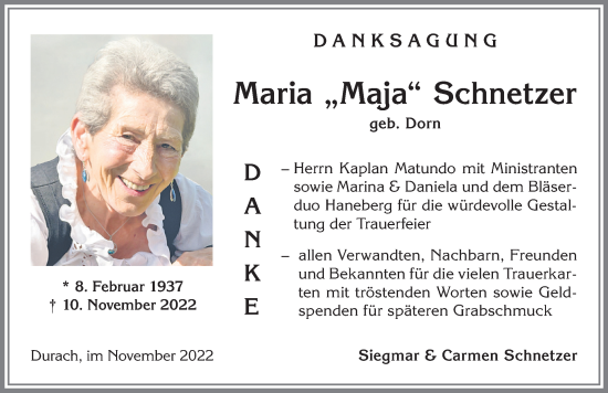 Traueranzeige von Maria Schnetzer von Allgäuer Zeitung,Kempten