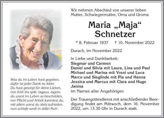Traueranzeige von Maria Schnetzer von Allgäuer Zeitung,Kempten