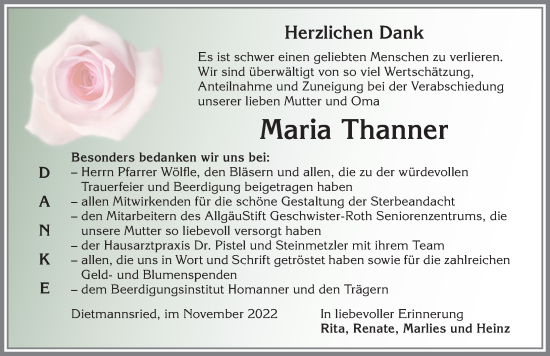 Traueranzeige von Maria Thanner von Allgäuer Zeitung,Kempten