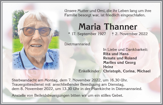 Traueranzeige von Maria Thanner von Allgäuer Zeitung,Kempten