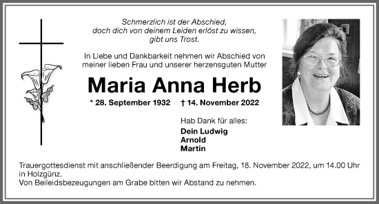 Traueranzeige von Maria Anna Herb von Memminger Zeitung