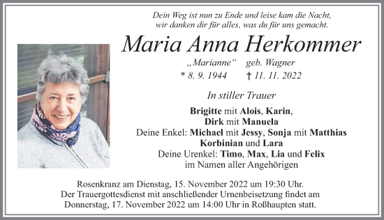 Traueranzeige von Maria Anna Herkommer von Allgäuer Zeitung, Füssen