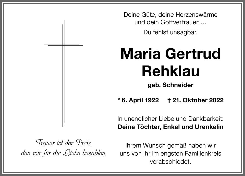  Traueranzeige für Maria Gertrud Rehklau vom 26.11.2022 aus Memminger Zeitung
