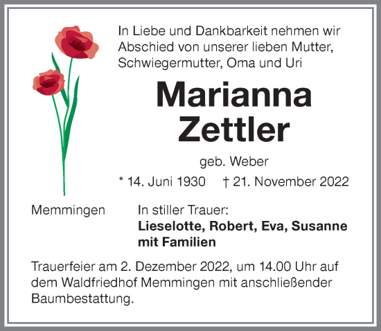 Traueranzeige von Marianna Zettler von Memminger Zeitung