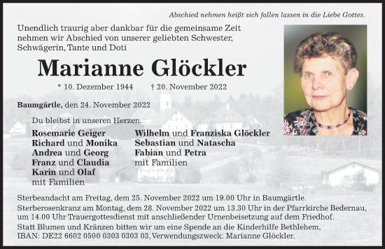 Traueranzeige von Marianne Glöckler von Augsburger Allgemeine, Mindelheimer Zeitung