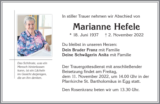 Traueranzeige von Marianne Hefele von Memminger Zeitung