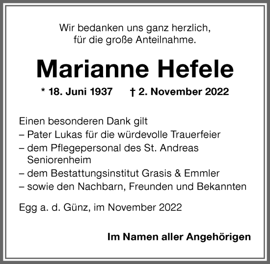Traueranzeige von Marianne Hefele von Memminger Zeitung