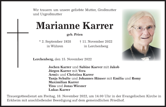 Traueranzeige von Marianne Karrer von Memminger Zeitung