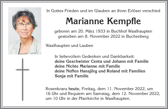 Traueranzeige von Marianne Kempfle von Allgäuer Zeitung, Kaufbeuren/Buchloe